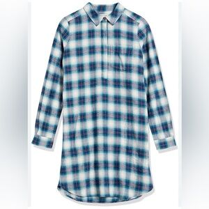 Goodthreads LS Flannel Tunic Dress M Plaid Blue/White Pockets Lightweight Casual